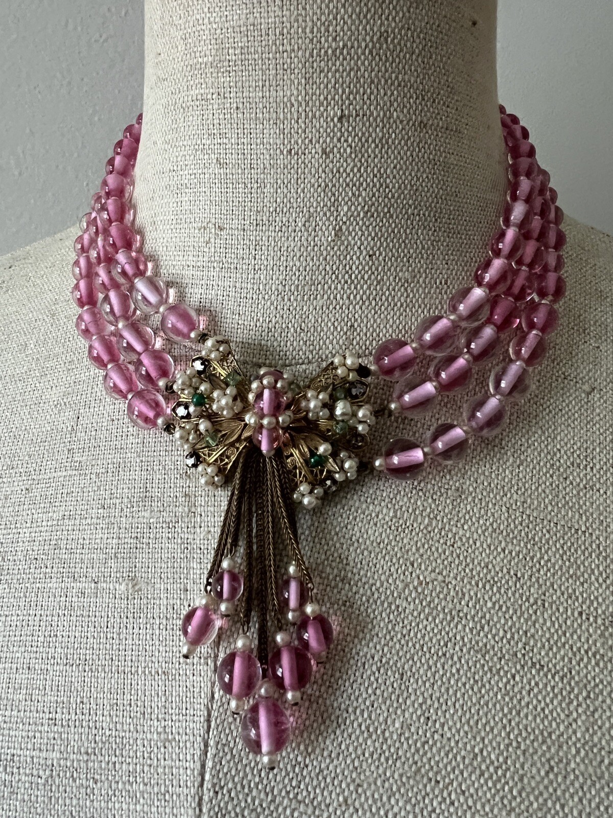 Early Miriam Haskell 3 Strand Pink Glass Festoon Necklace Faux Pearl Rose Monteé