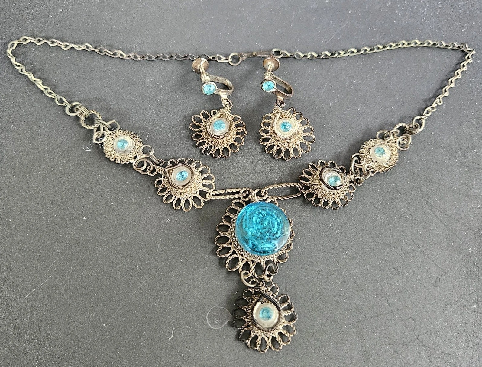 Antique Cannetille Spun Silver Necklace Blue Art Glass Screw Back Earrings Set