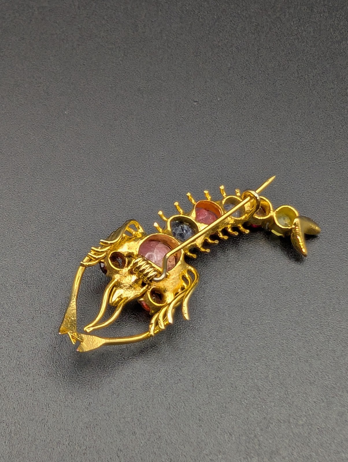 10K Gold & Gemstone Shrimp Brooch. Garnet, Ruby, Sapphire, Peridot(raw&Polished)
