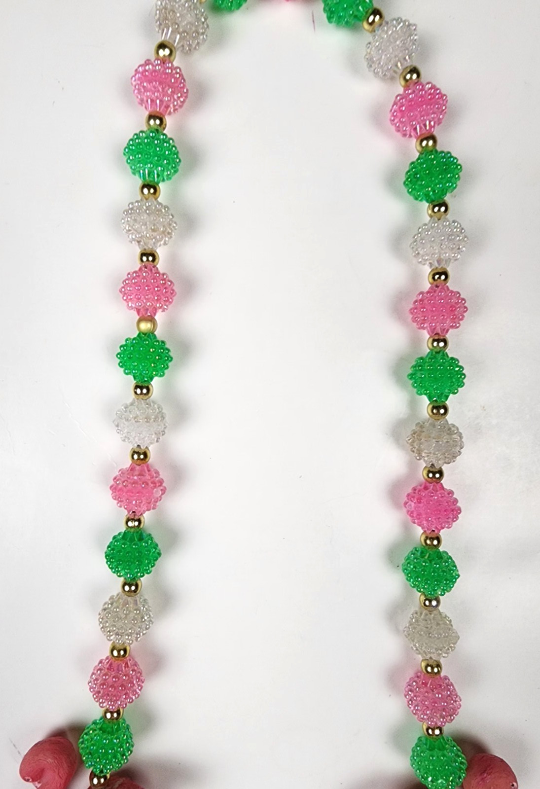VTG Pastel Resin POPCORN Beaded Flamingo Necklace Pink Green FUN witty Wear