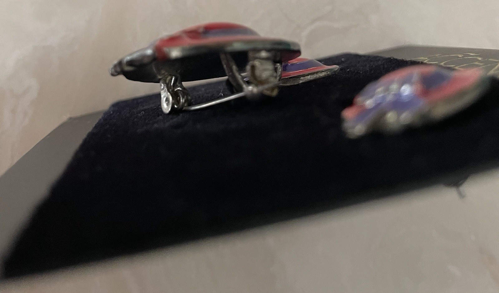 Red Hat W/Purple Ribbon Enameled Silvertone Pierced Earrings & Brooch Set Accent