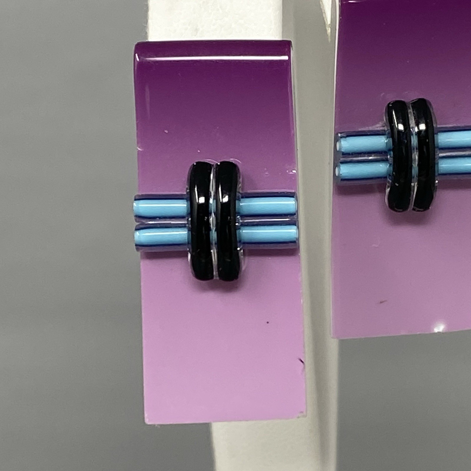 Purple Glass Earrings Pierced Blue Black Fused Lampwork Dangle Drop Rectangle
