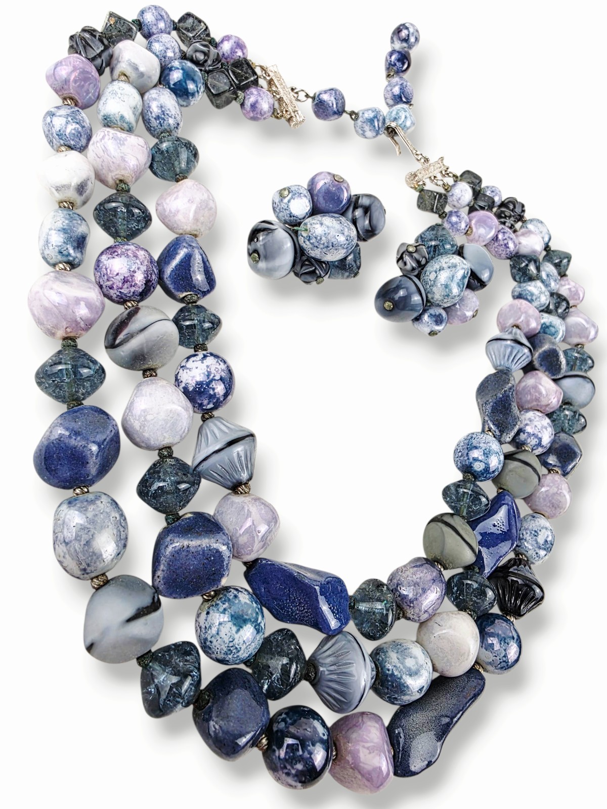 Vintage Hattie Carnegie 3 Strand Natural Stone Necklace & Matching Clip Earrings