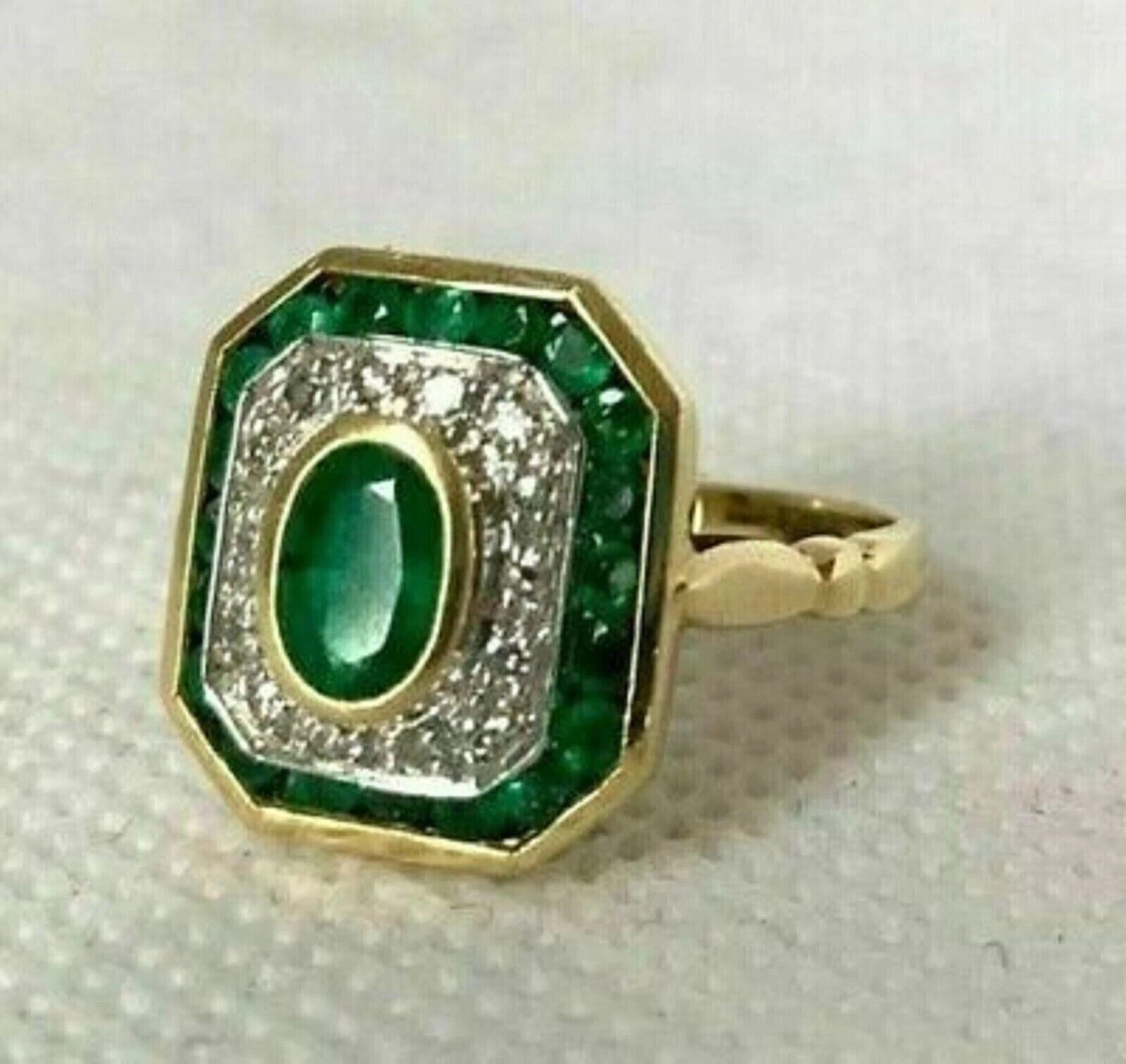 3Ct Vintage Art Deco Style Oval Lab Created Emerald Engagement 14K Gold FN Ring