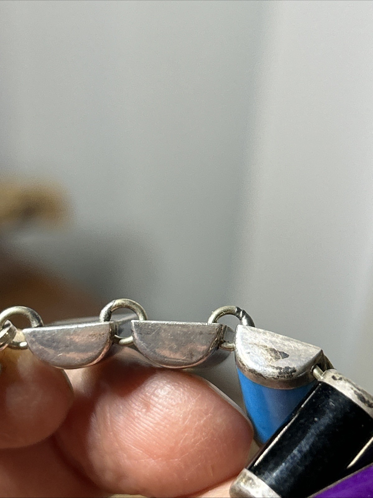 53. Vintage 925 Sterling Inlaid Multi Stone Link Collar Necklace 16″, 57.7g, Mex