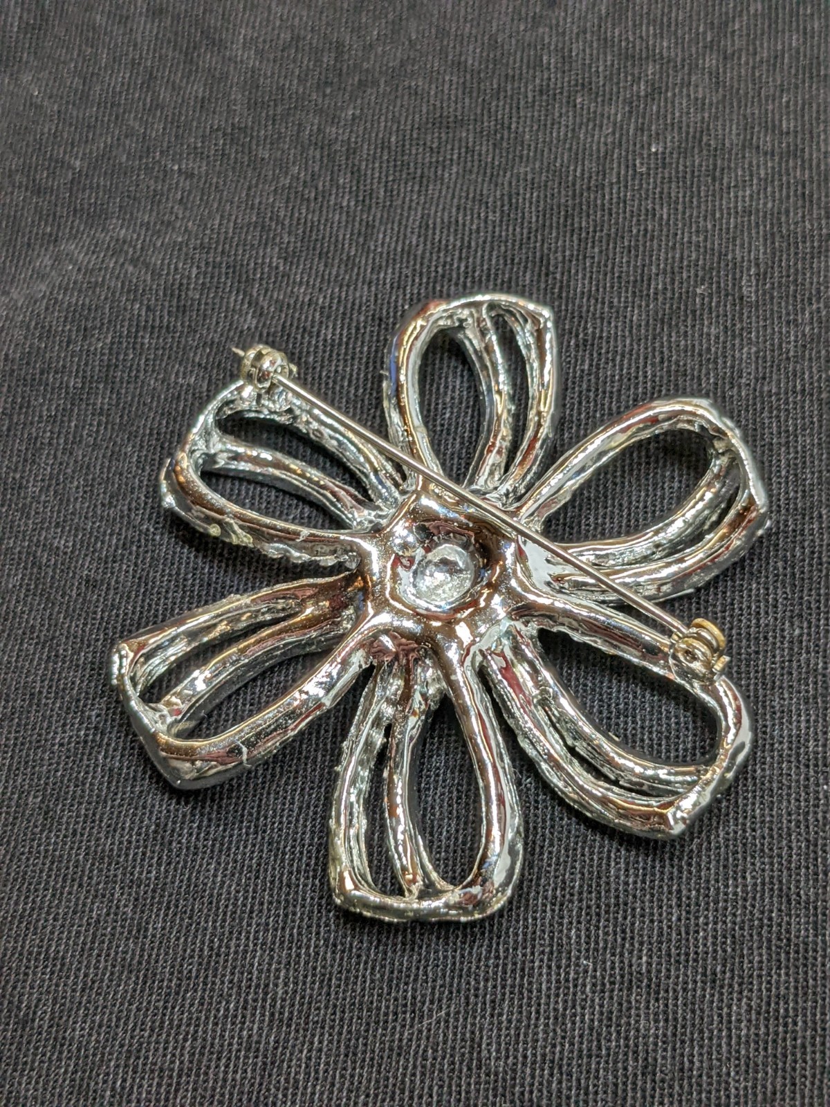 Vtg Flower Brooch Red Baguette Rhinestone AB Crystal Silver Tone Starburst Pin