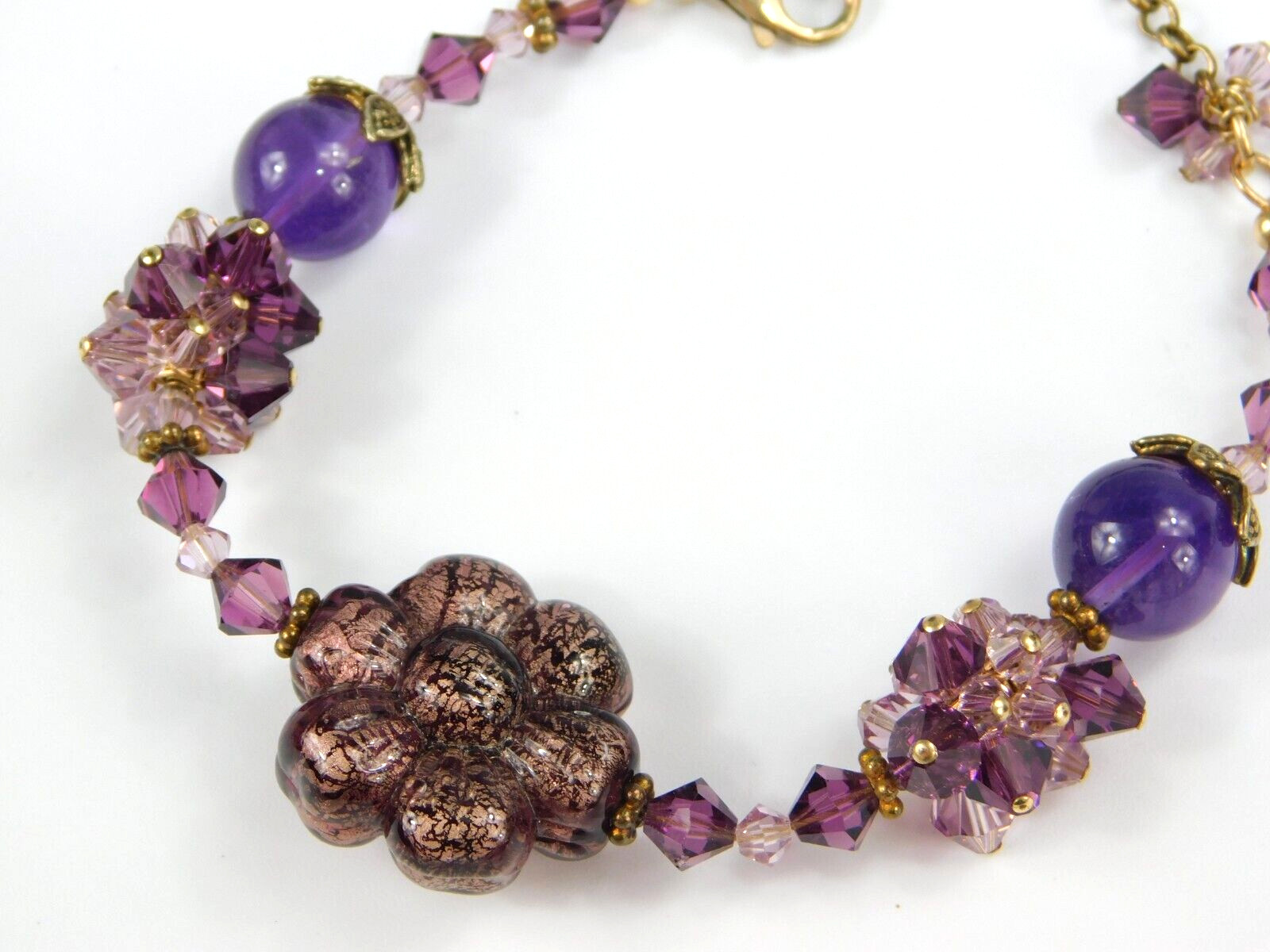 Stunning Gold Filled Crystal & Amethyst Purple Flower Beaded Bracelet 7-9″ Long