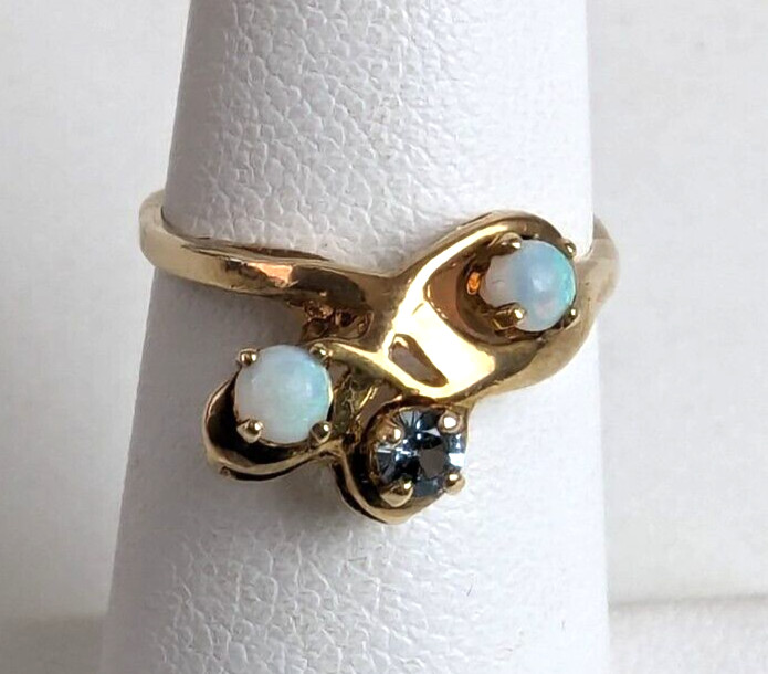 14k Yellow Gold Natural Australian Opals and Aquamarine Ring Size 5.5