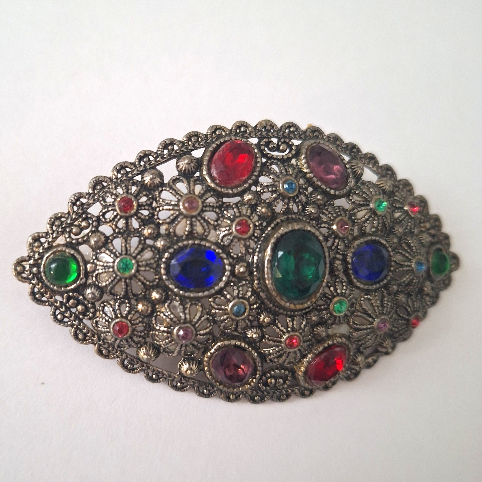 New England Glass Works Brooch Silver Tone Floral Filigree Czech Rhinestones VTG
