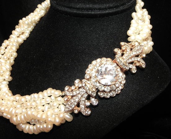 Vintage Kenneth Lane Multi 6 Strand Pearl Bead Necklace Ornate Rhinestone Clasp