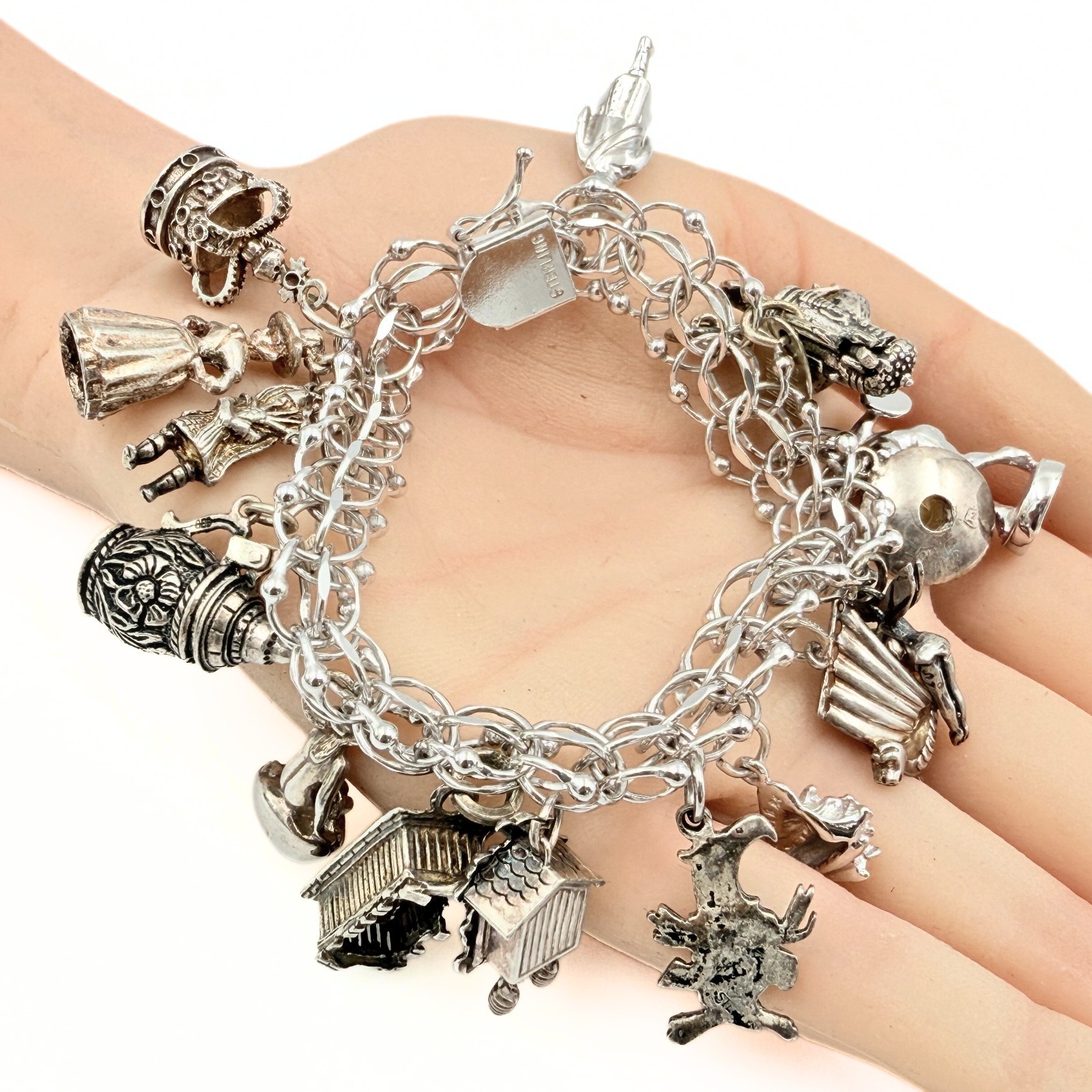 Amazing Marked Sterling Silver Lady Crown Charms Bracelet