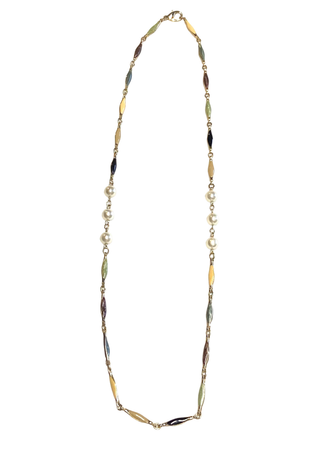 Vintage Gold Tone Multicolor Enamel Bar Link Elliptical Faux Pearl Necklace 25″