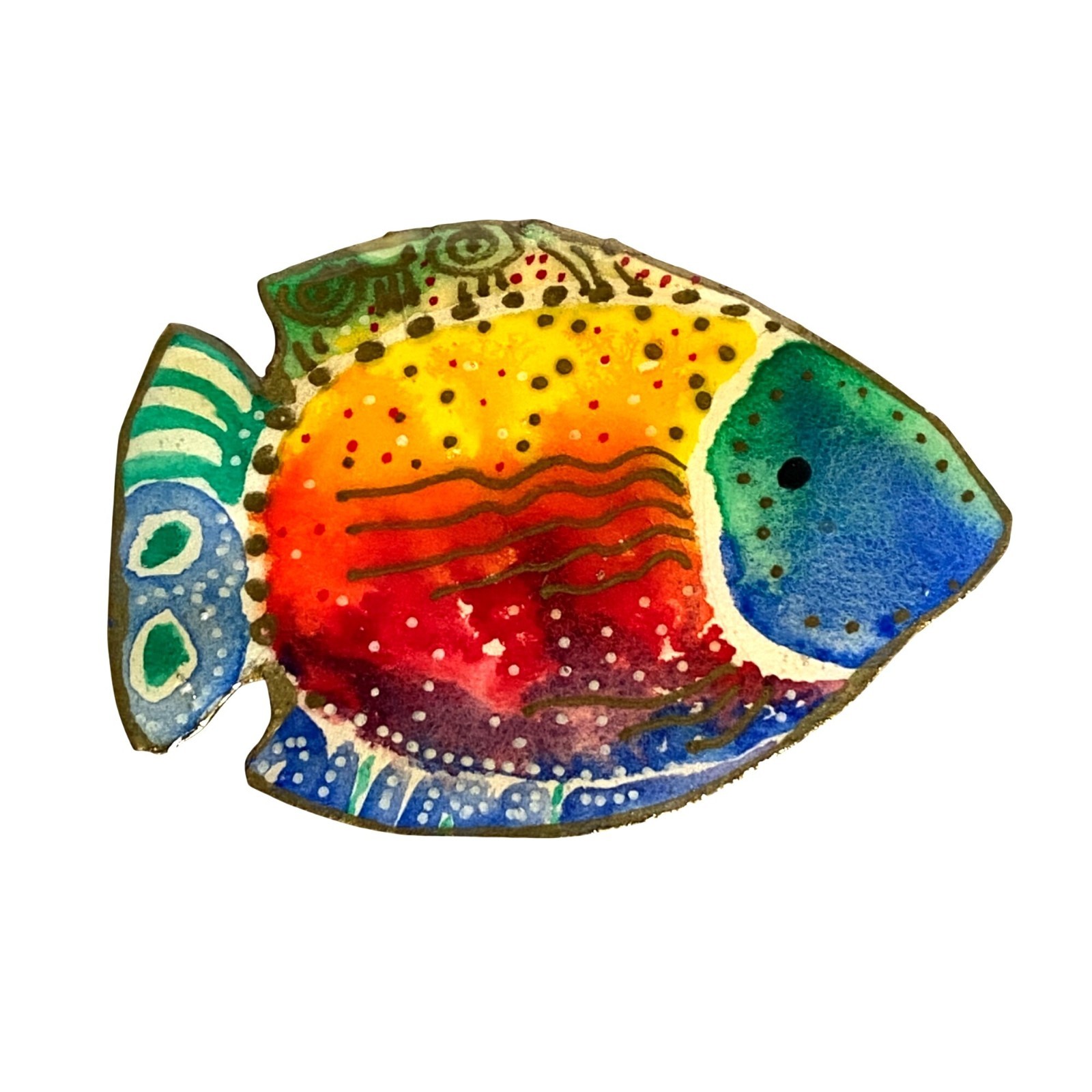 DJB Colorful Fish Watercolor Hand Painted Gold Rim Resin Pin Brooch 3x2in