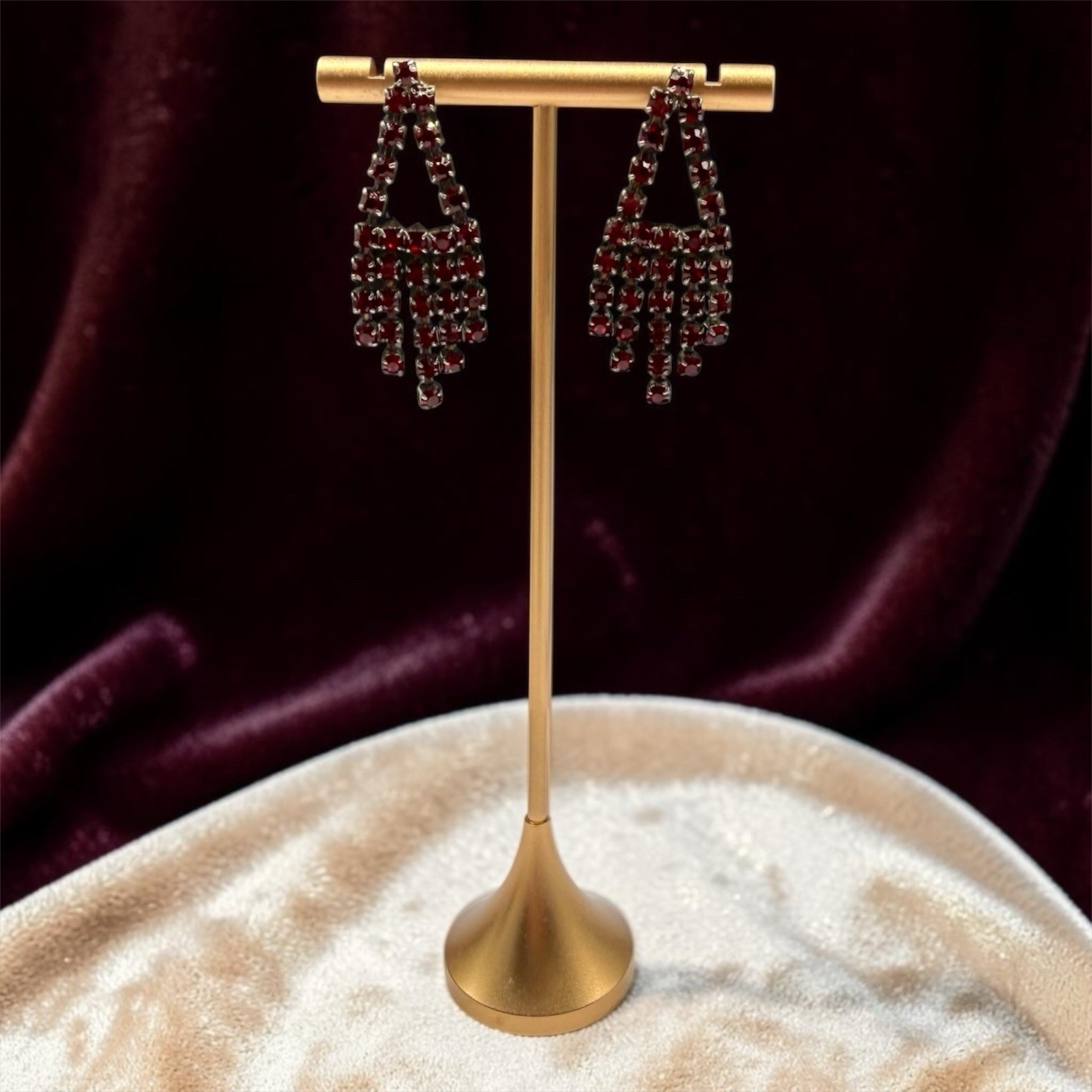 Vintage Chandelier Earrings Red Glass Rhinestones Art Deco MCM Glam Prom Pierced