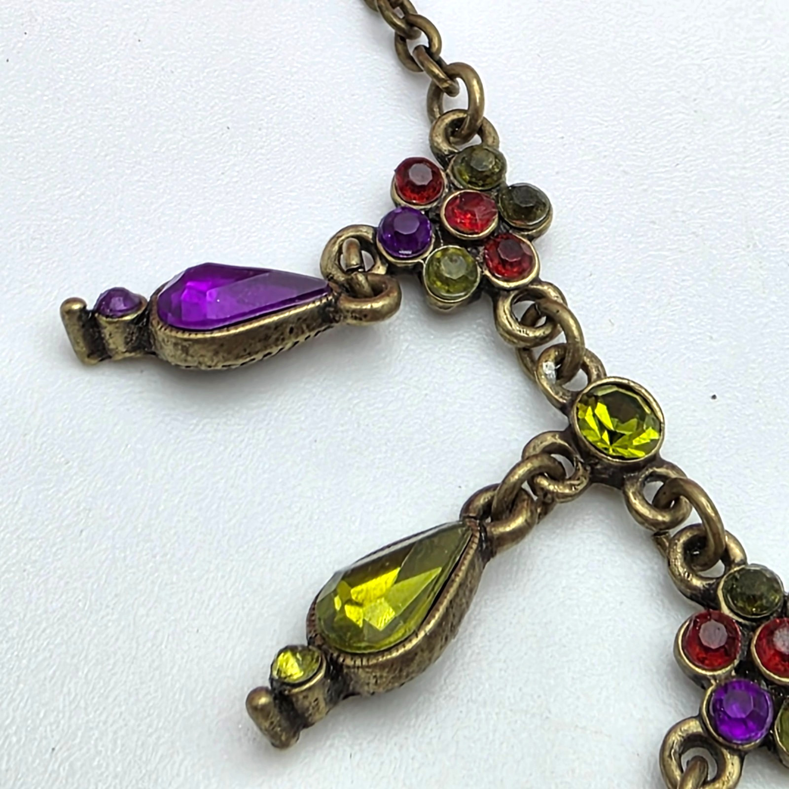 Vintage Brass Tone Multicolor Rhinestone Teardrop Fringe Necklace 19 in adj.