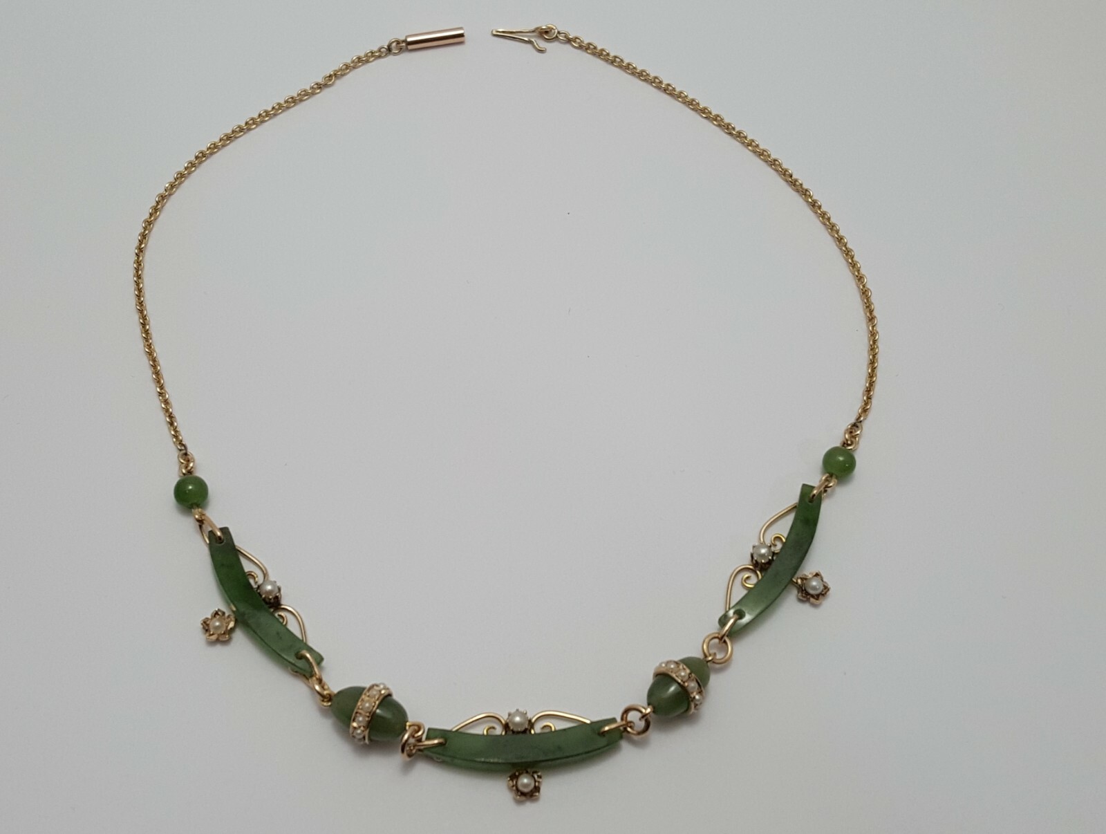 Vintage 9K Karat Solid Yellow Gold English Jade & Pearl Link Chain Necklace