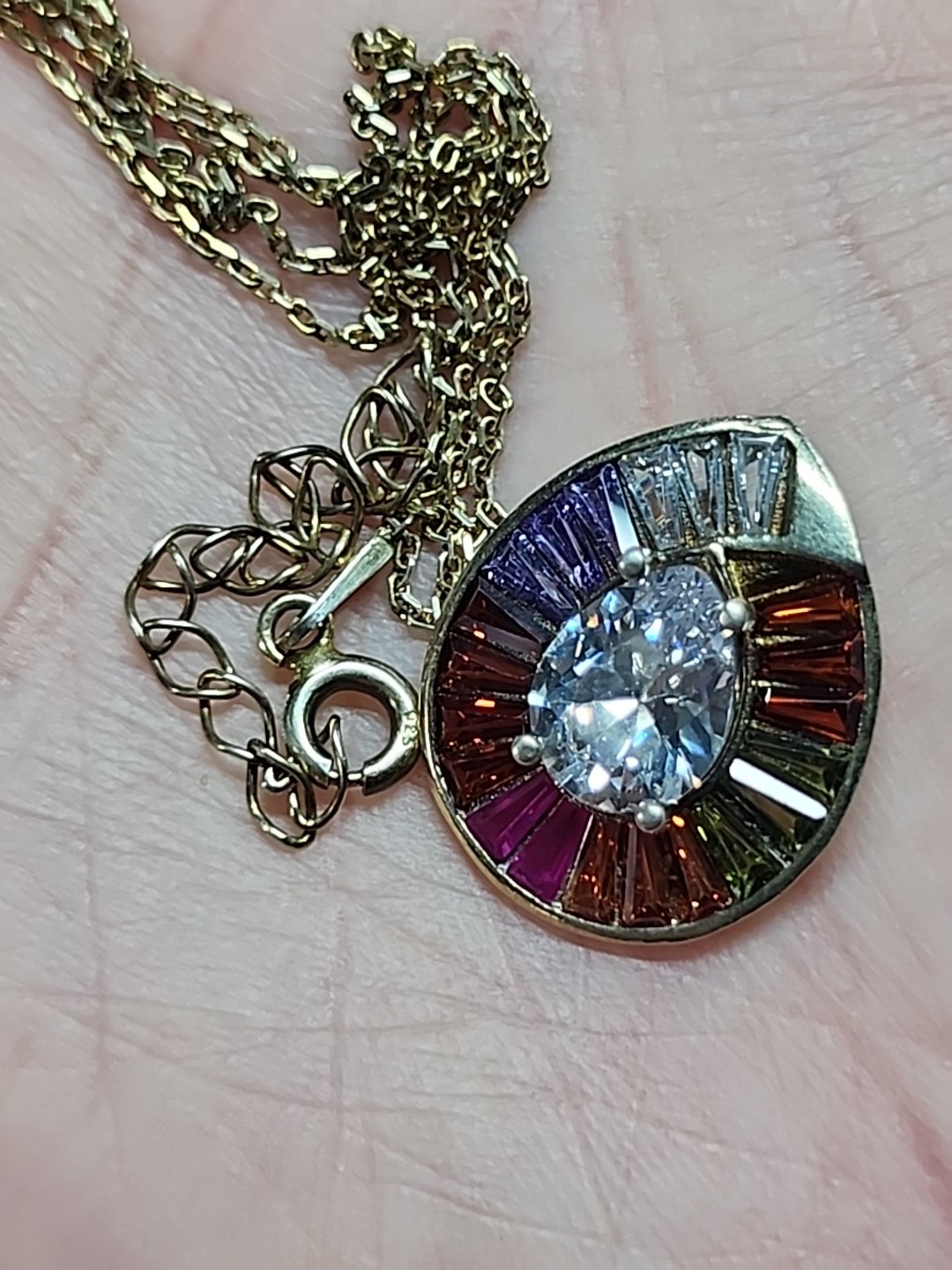 Rainbow Cluster Stones Teardrop Pendant Gold Over .925 Silver 17.5″ Necklace