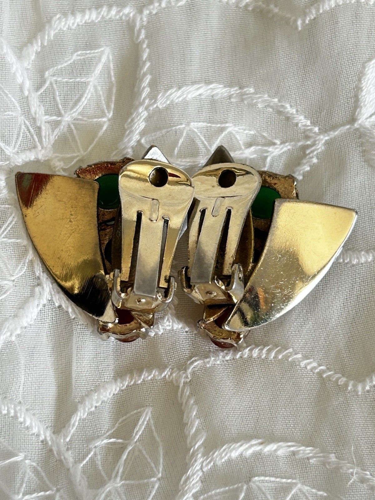 Vintage Multi Cabochon Clip Earrings Green Blue Red Fan Shield Gold Tone