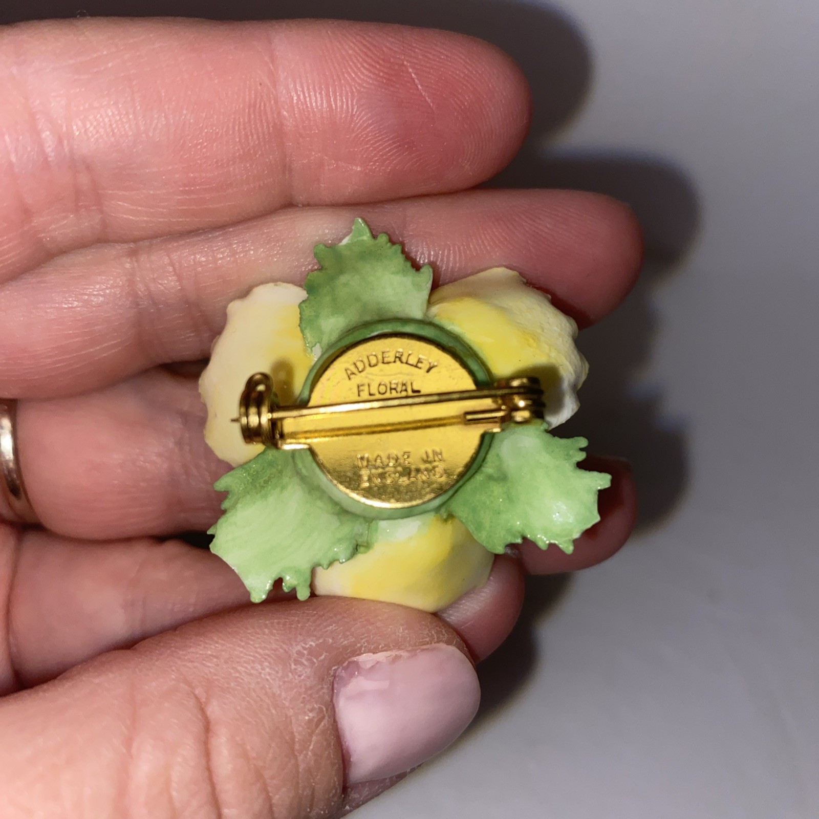 Robert Adderley Bone china Yellow Poppy flower brooch, Made in England VTG