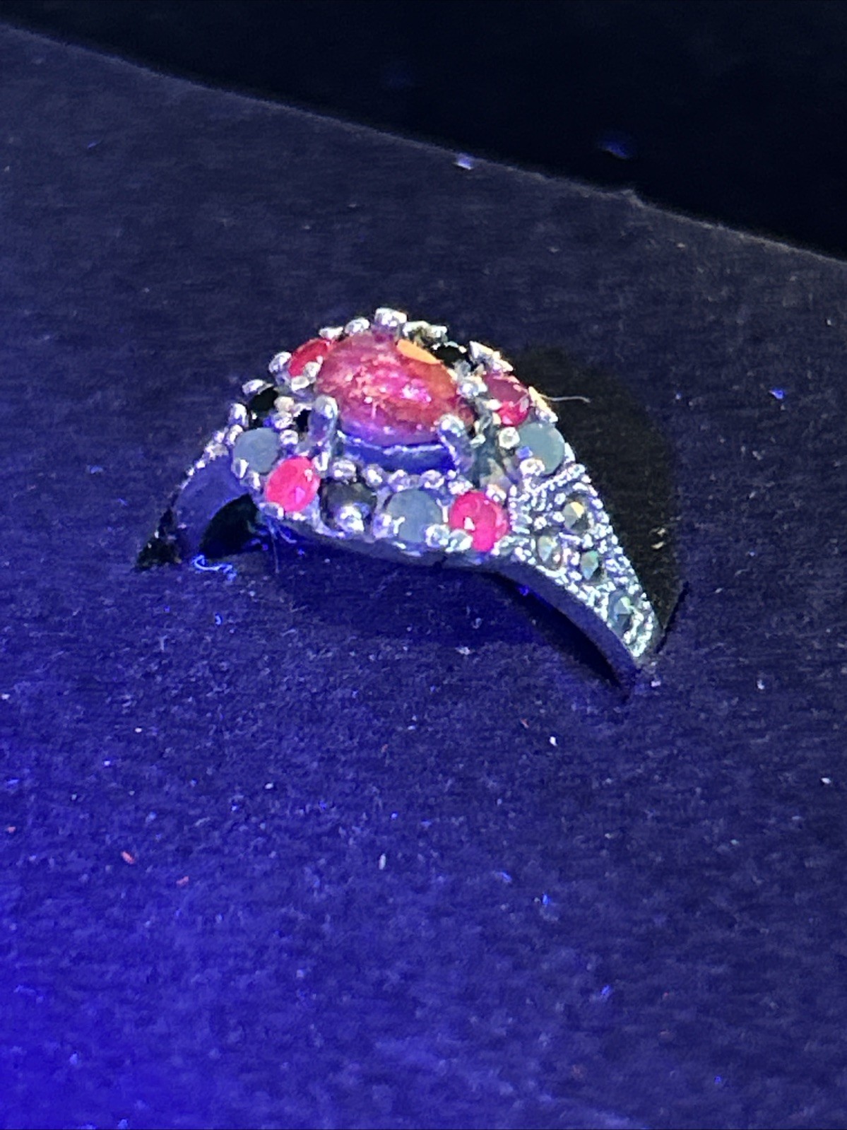 Vintage 925 Sterling Silver Ruby Sapphire Jade Marcasite Ring Size 7.5
