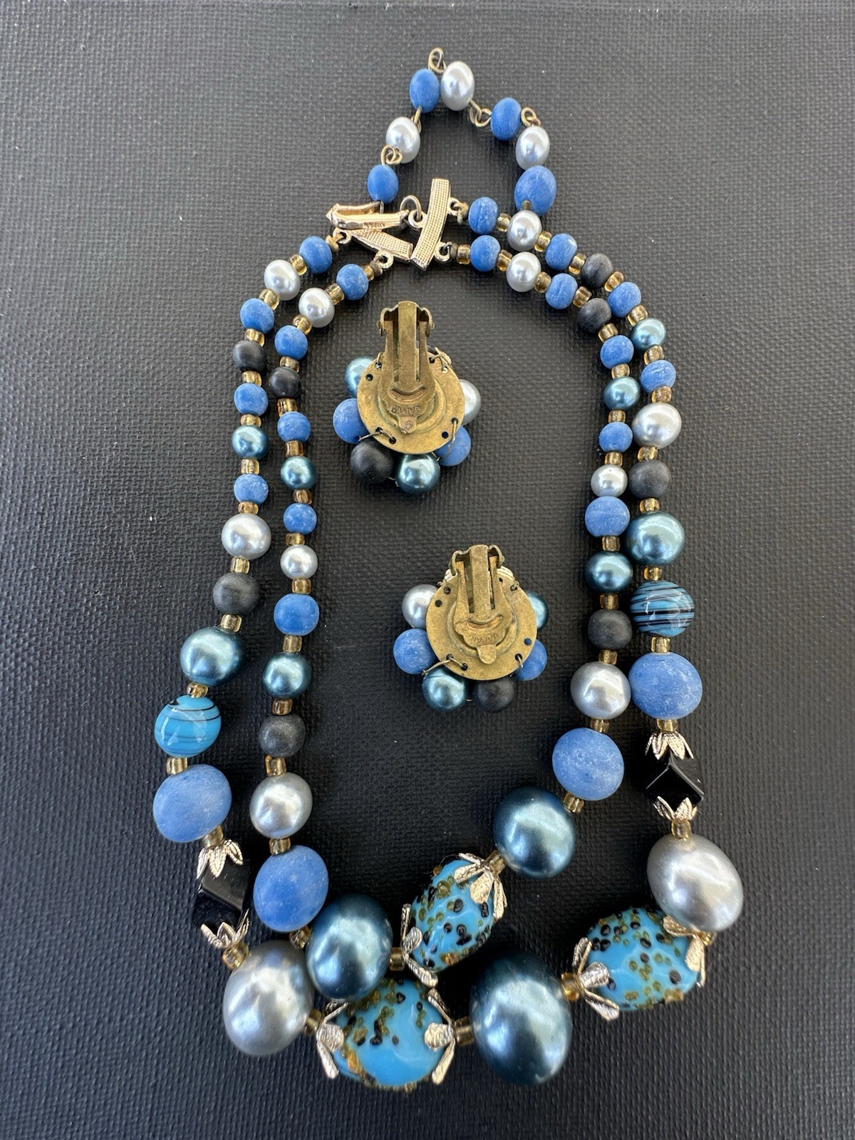 Vintage Japan Beaded Necklace and Clip On Earrings Set -8 inch-16inch