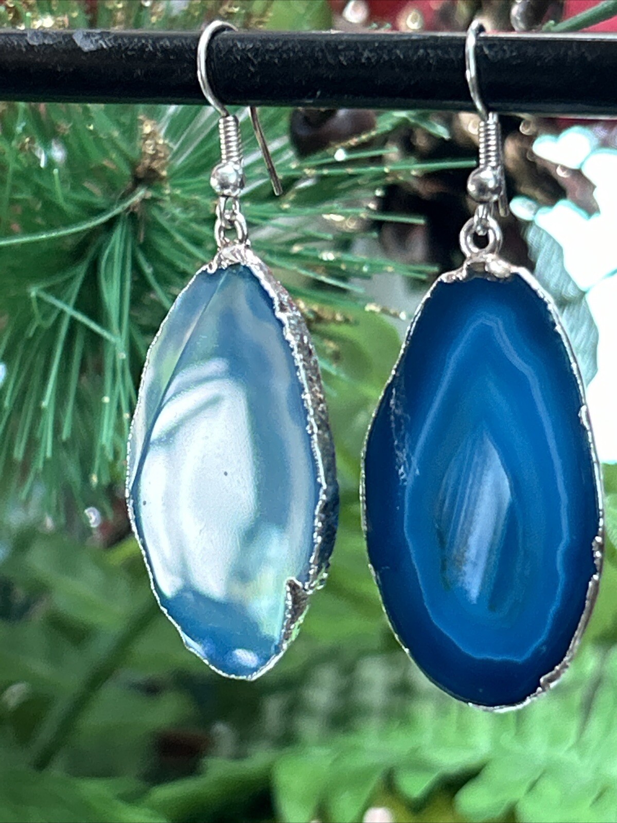 Vintage Silver Tone Blue Geode Slice Dangle Drop Pierced Earrings Large 2.25”