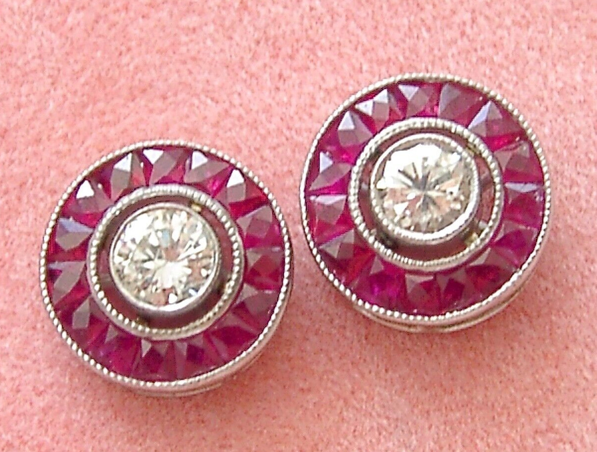 ART DECO STYLE .46ctw DIAMOND w/ RUBY HALO PLATINUM 9.5mm EVERYDAY STUD EARRINGS