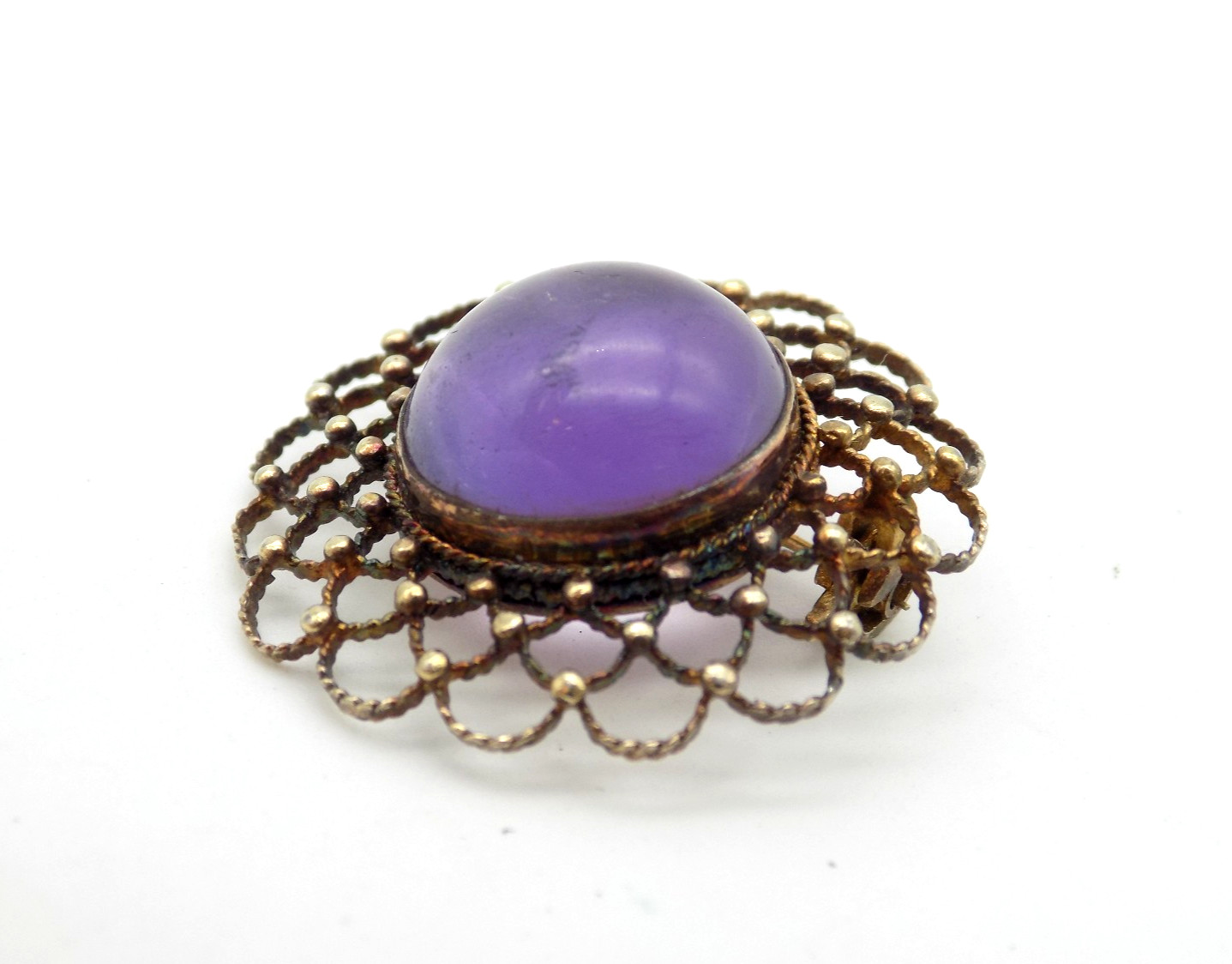 Sterling Silver Purple Amethyst Cabochon Brooch Ornate Woven Gold Vermeil