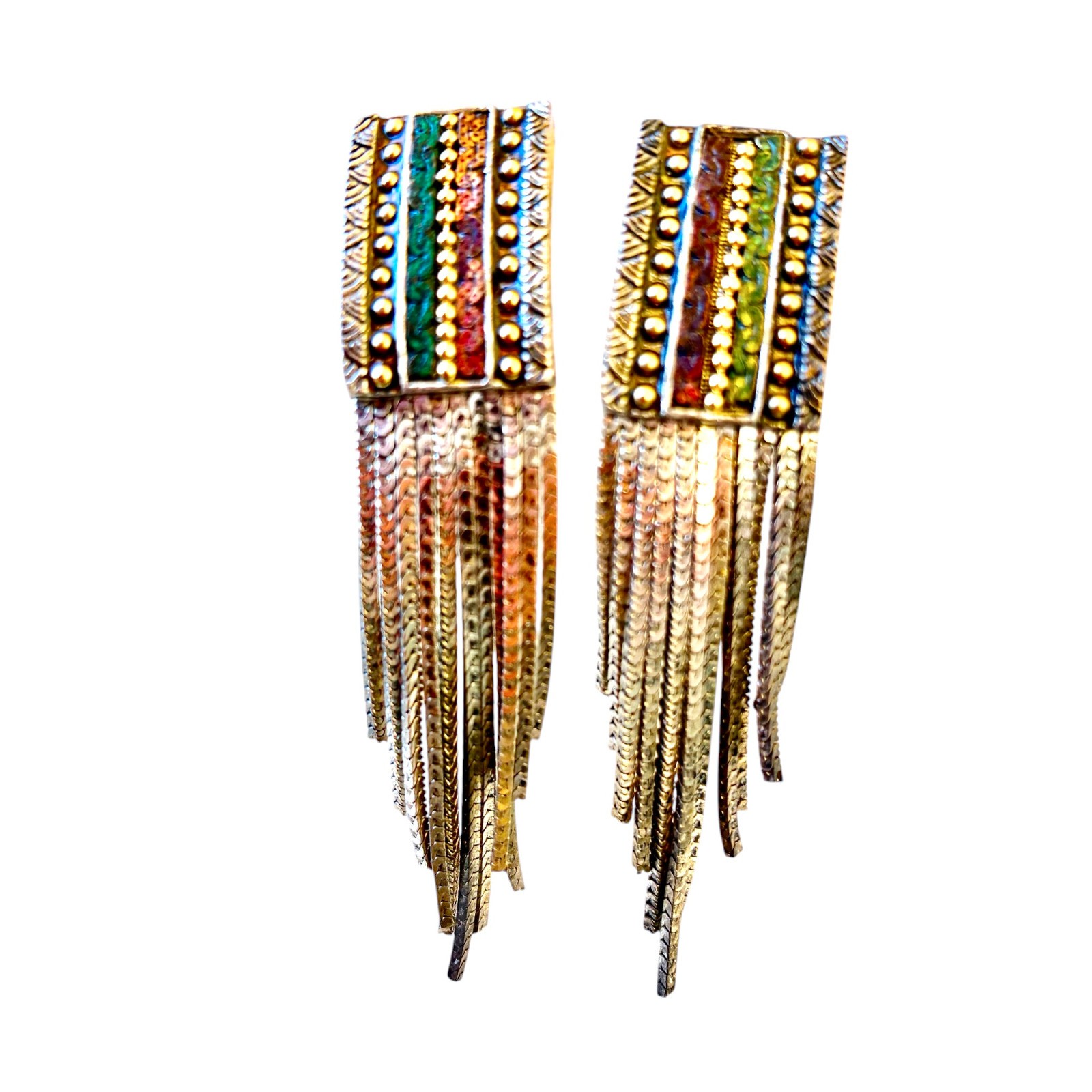 Vintage Turkish Metal Earrings Chain Fringe Dangle Tri-color CLIP-ON