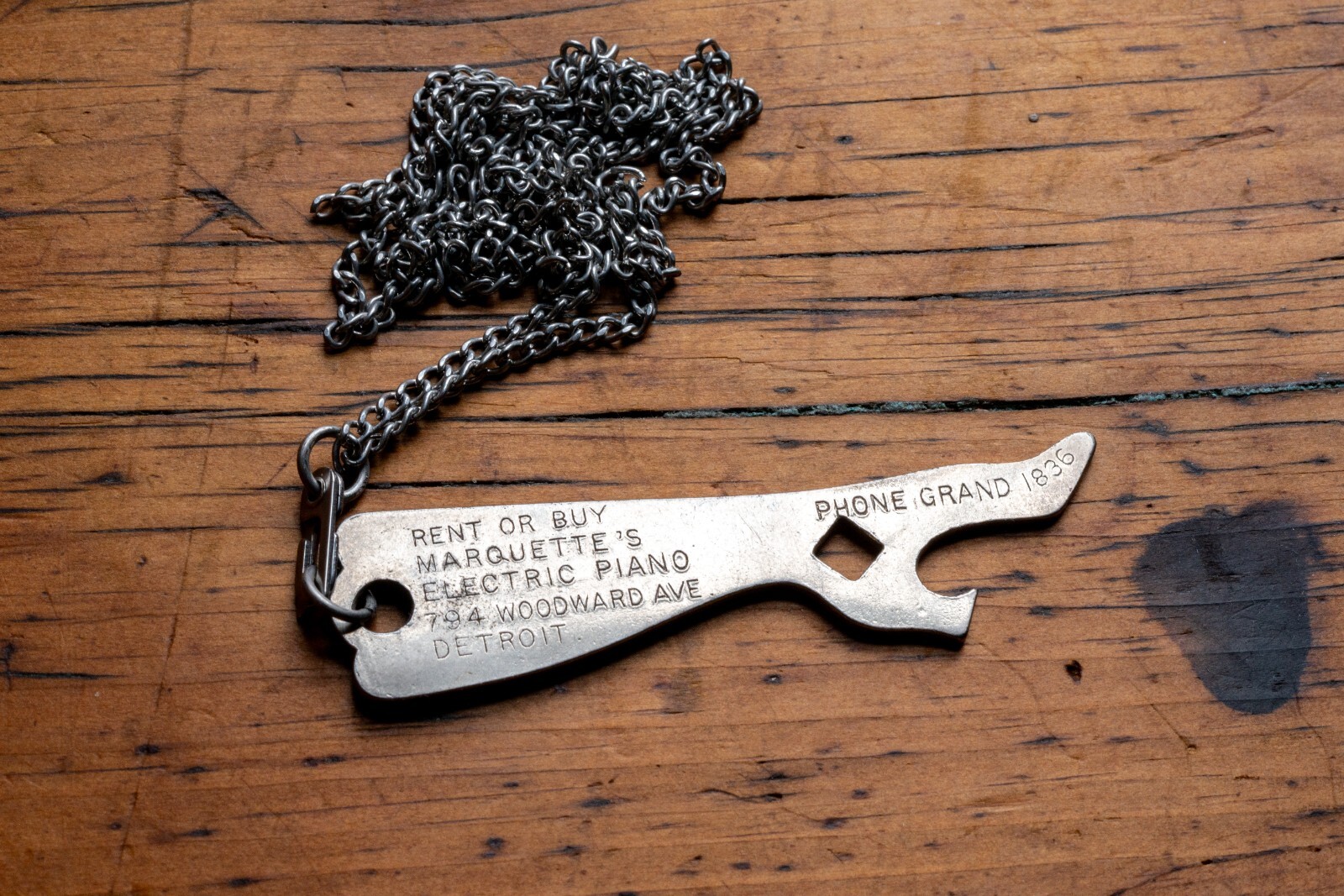 Antique Ladys Leg Bottle Opener Necklace Electric Piano Detroit Sister Clasp USA