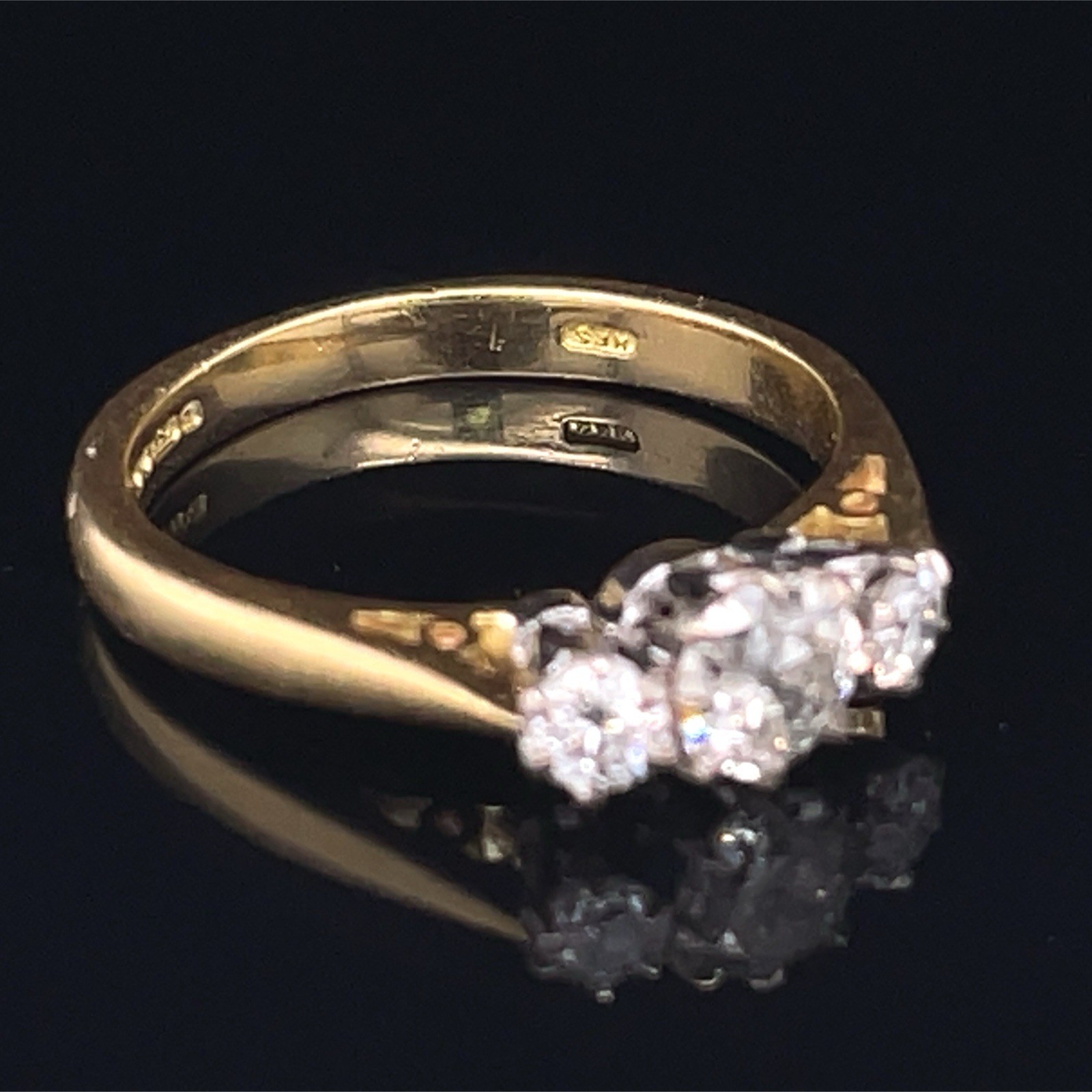 Vintage 3 Stone Old European Cut Diamond Ring 18K Gold English