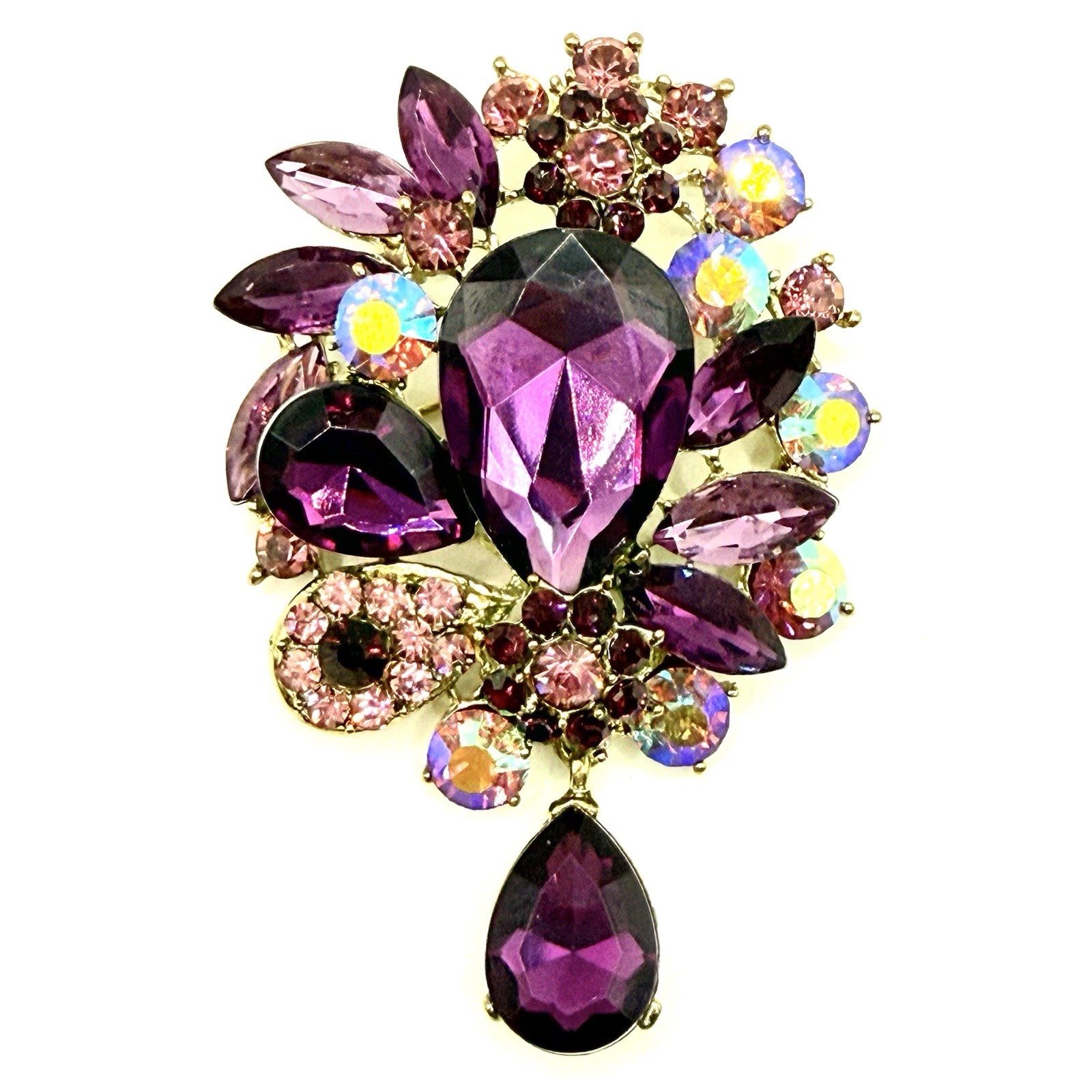Modern Goldtone Brooch Pendant LG Purple Pink AB Rhinestone Bouquet Teardrop Z