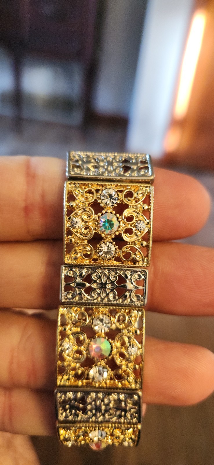 Vintage Filigree Panel Bracelet 2 Tone Box Link Crystal Accent stretch band