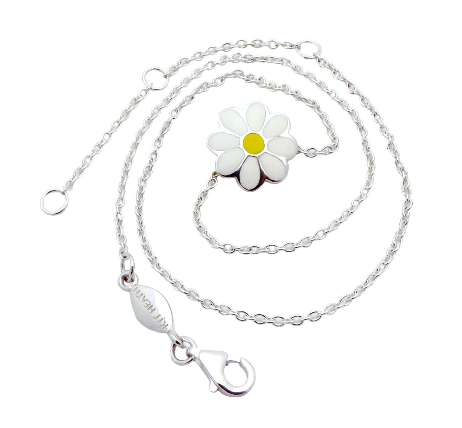 Vintage Kit Heath Sterling Silver Enamel Daisy Flower Pendant Kid’s 14″ Necklace