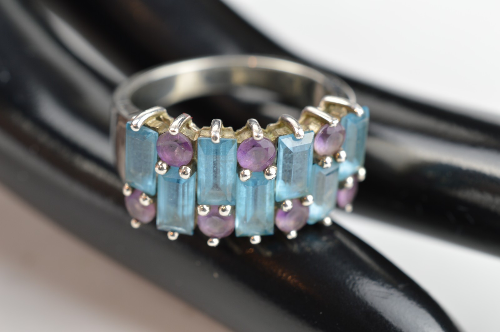 HN Ring Sterling Silver 925 with Topaz and Amethyst, Size 7.75