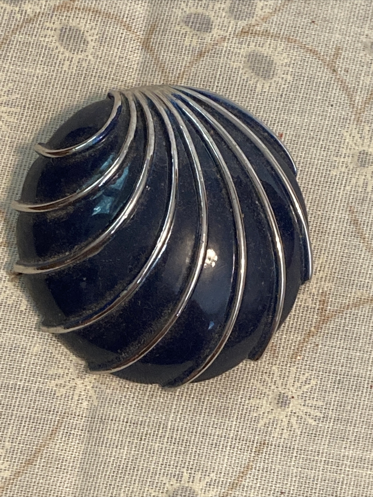 Enameled OLD vintage Navy Blue & Silver tone Dome pin brooch jewelry 1.53″