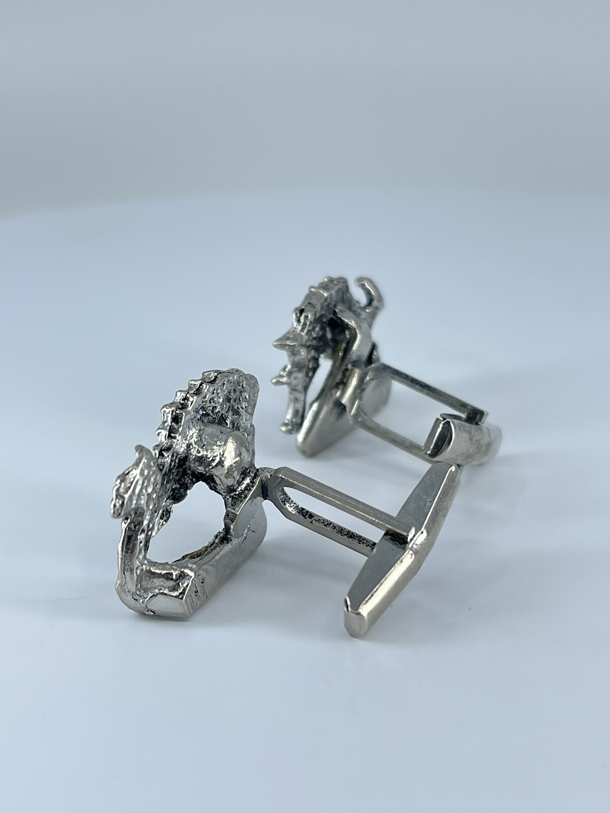 Vintage Seahorse cufflinks silver tone with black enamel accents 1-1/8″