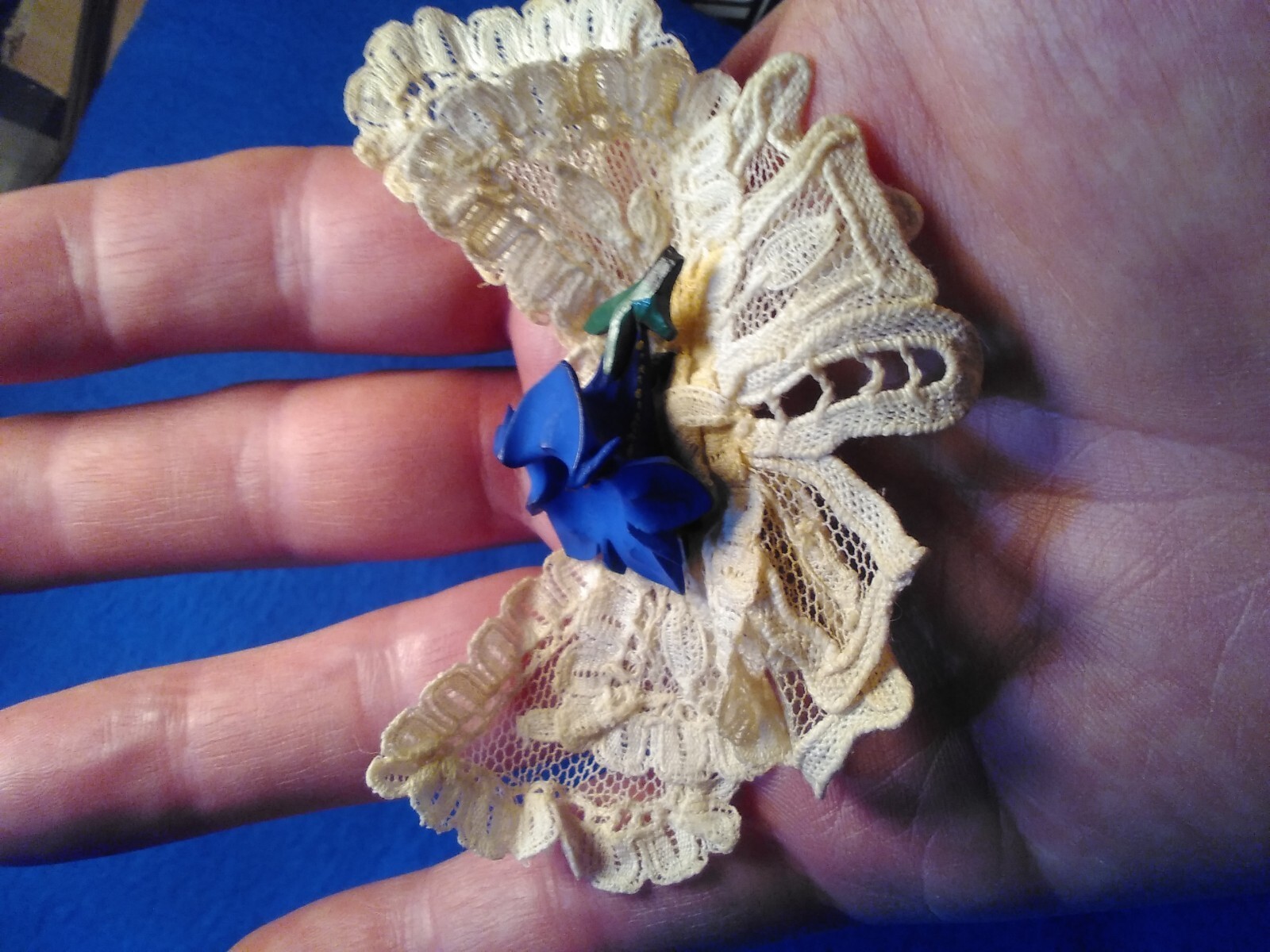Vintage Violet Blue Floral Brooch Pin On Butterfly Shaped Delicate White Lace