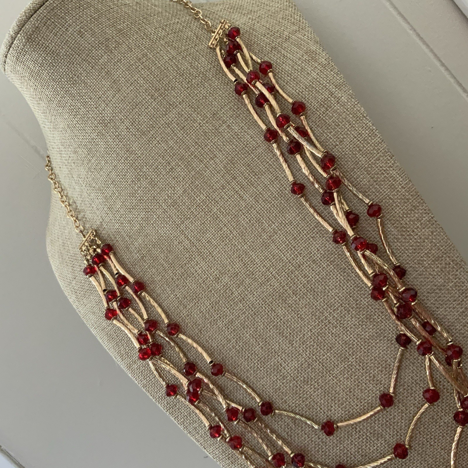 Vintage Red Bead Multi Strand Necklace Gold Tone Bar Link Layered