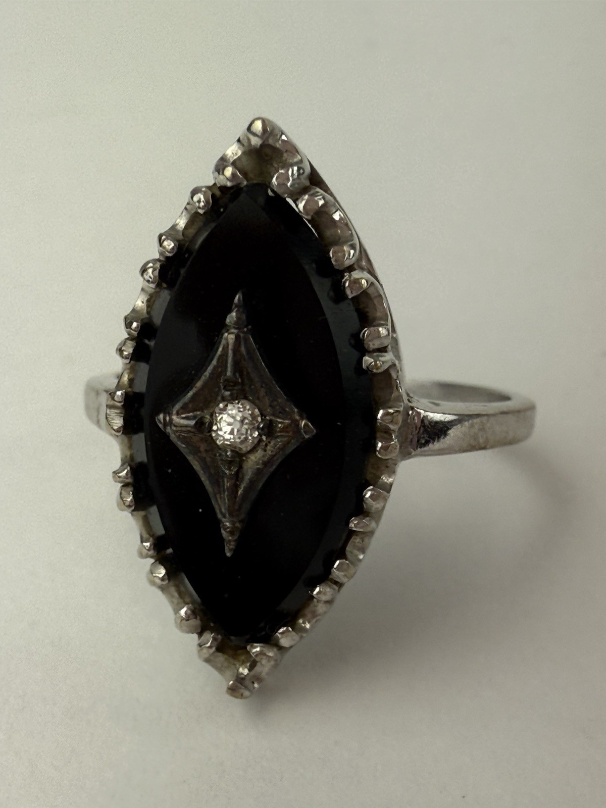 Vintage Art Deco 14k White Gold Marquise Black Onyx Diamond Ring Size 7