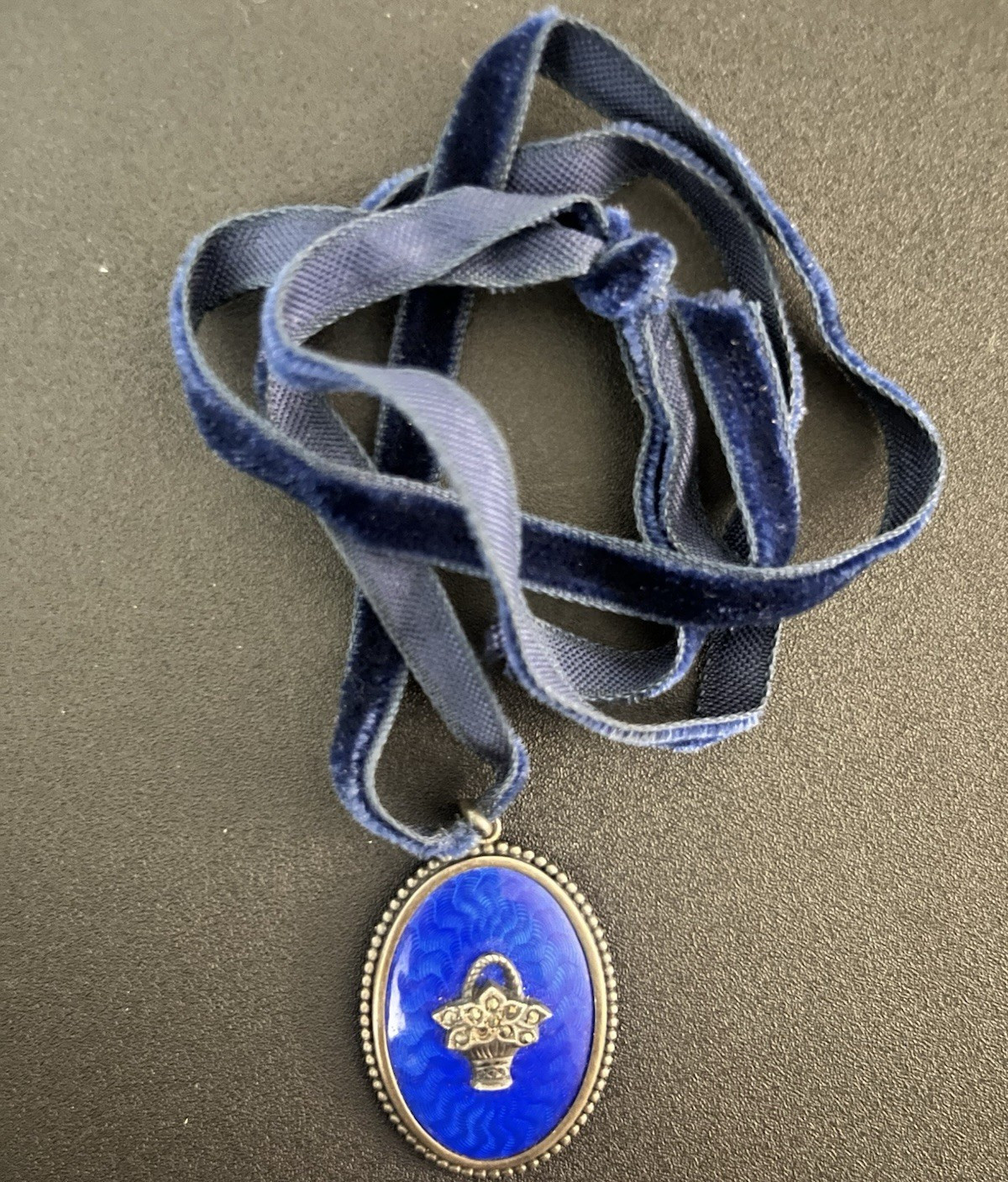 Antique French Victorian Blue Pendant – Velvet Ribbon – Floral Basket Motif