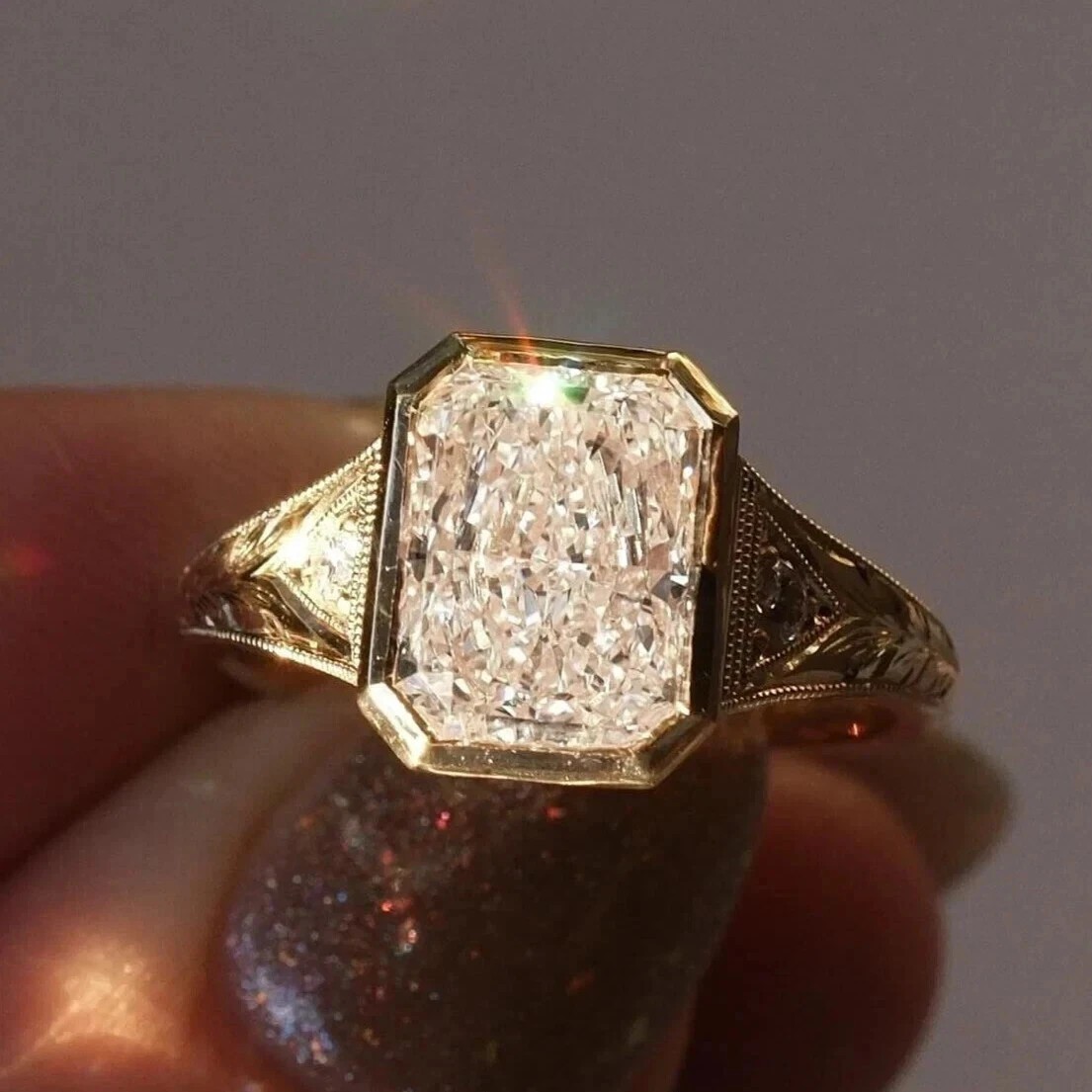 Art Deco Style Radiant Cut Lab Created Diamond 14K Yellow Gold FN Wedding Ring