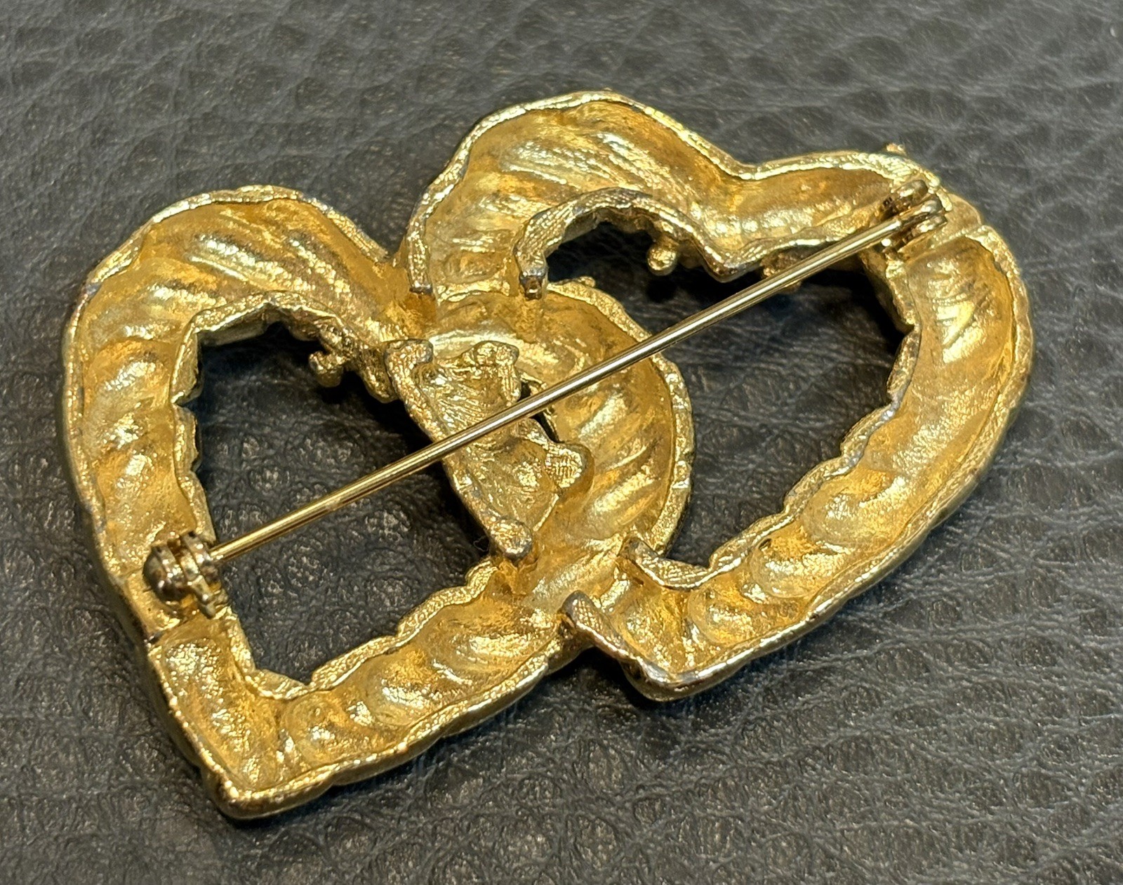 Vintage 80’s Double Heart Pin Brooch Red Gripoix Style Cabochon Gold Tone Runway