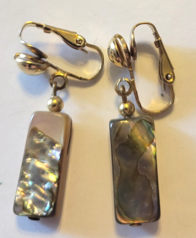 Vintage Estate Earrings Iridescent Shell Dangling Boho Clip-On Jewelry