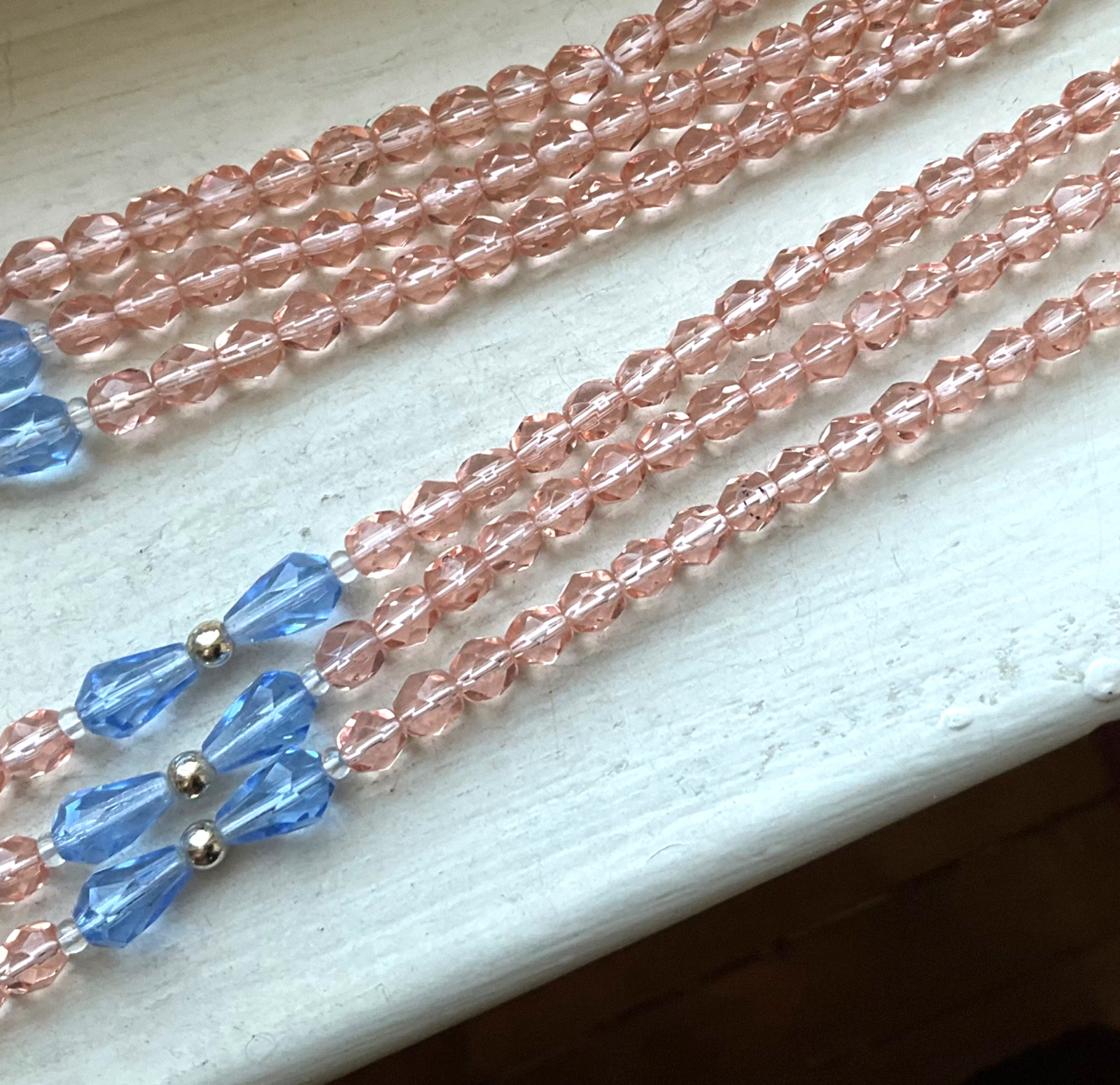Vintage TRIPLE STRAND AUSTRIAN Blue Pink CRYSTAL GLASS BEADS FACETED