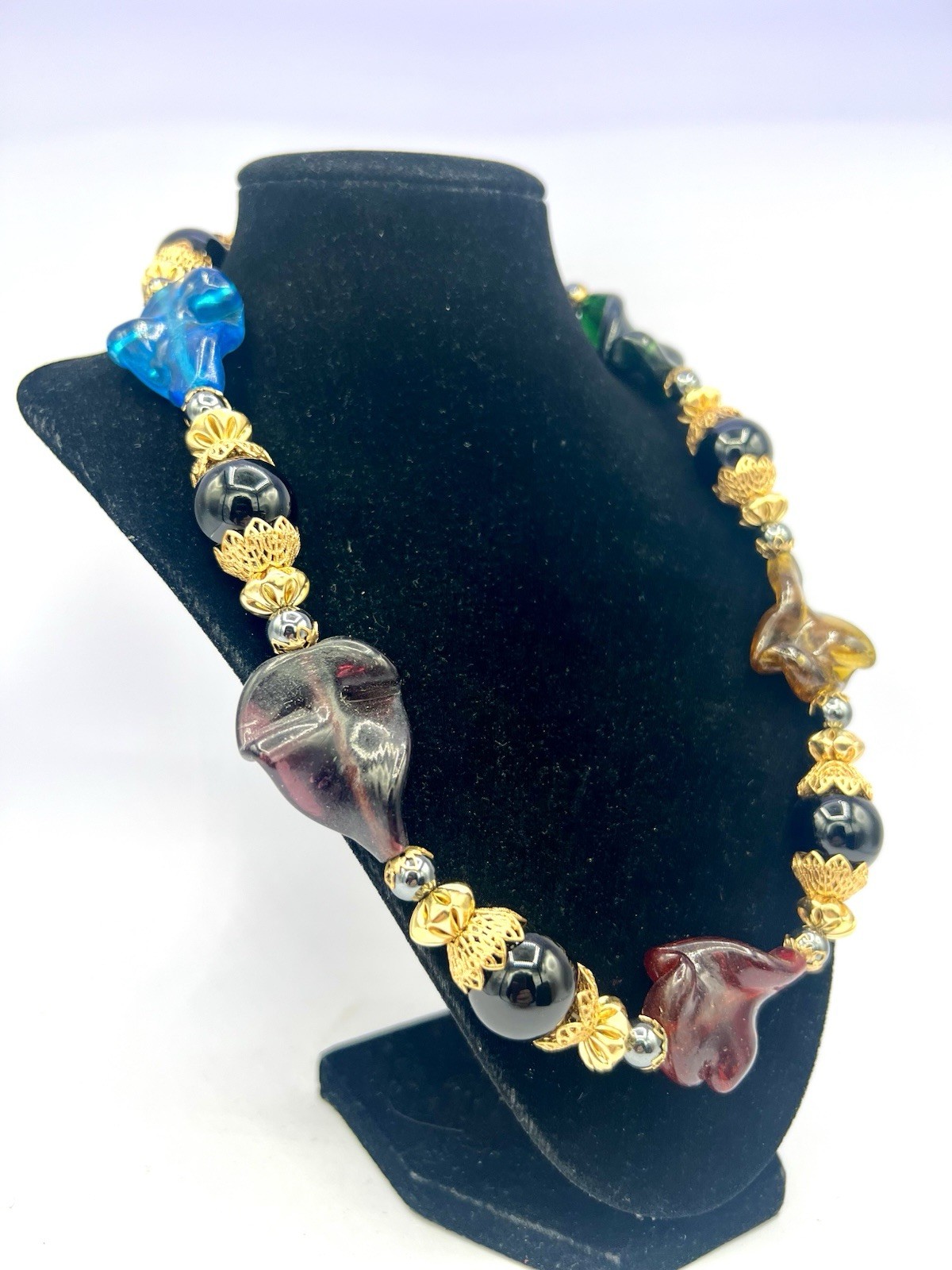 Vintage Chunky Colorful Handblown Glass Twist Necklace 16” RO-DO $200 NOS CB