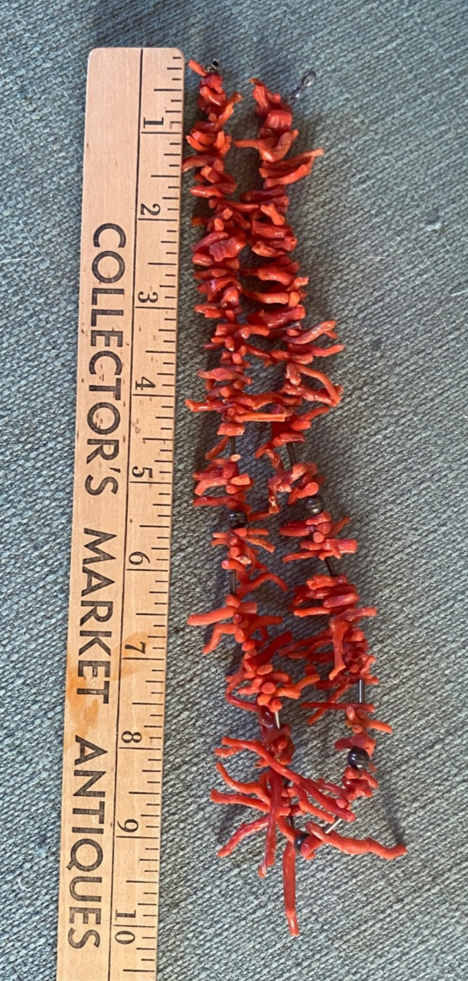 Vintage 1970’s Natural Branch Red Coral Necklace w Silver? Metal Beads 18″