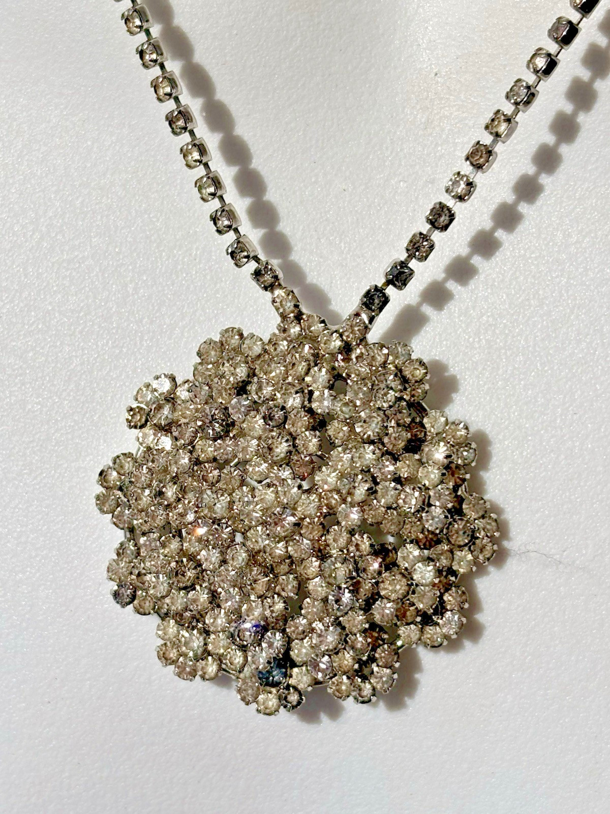 Vintage Rhinestone Floret Necklace 1.75″ Pendant Silver Tone Mid Century