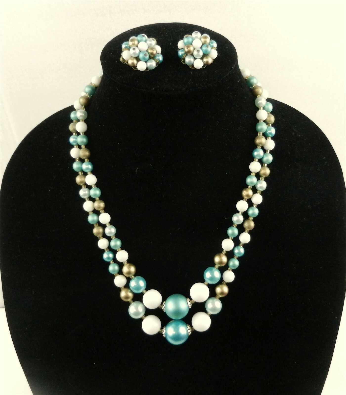 Vtg Double Strand Necklace w/Earrings Teal/White/Gold Japan 1960’s Clip-on S04B