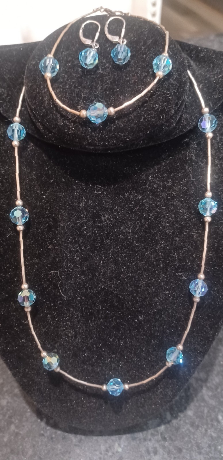Set Of Silver And Blue Crystal Bead Matching Necklace, Bracelet, And Earrings